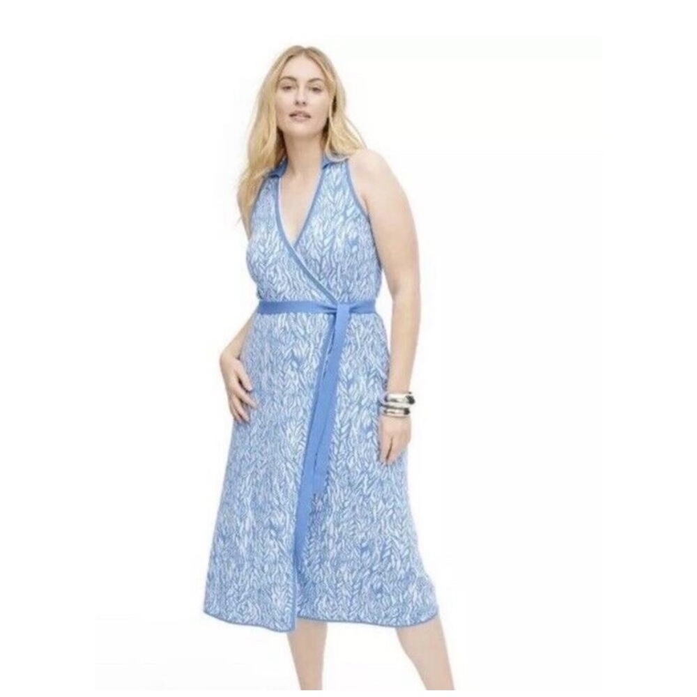 Diane Von Furstenberg DVF Target Collared Knit Wrap Dress Blue Sea Twig NWT